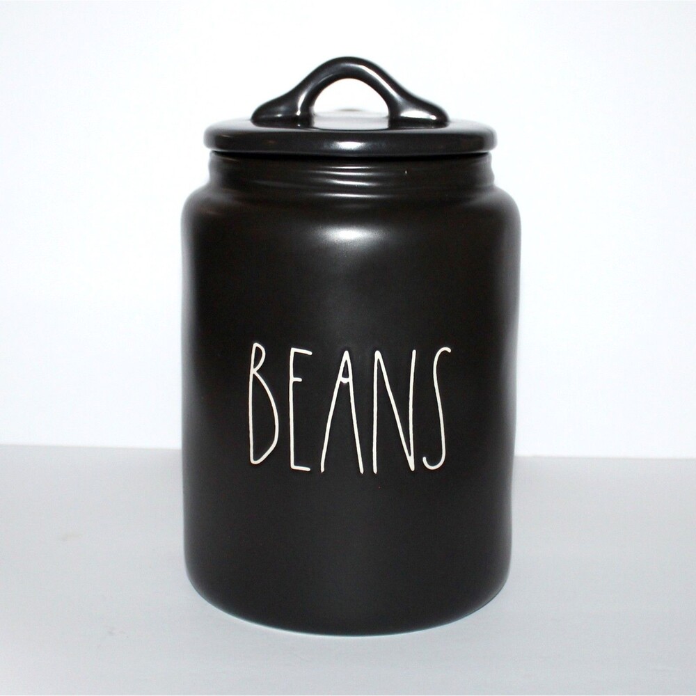 Rae Dunn Canister BEANS large black matte ceramic stoneware Magenta kitchen